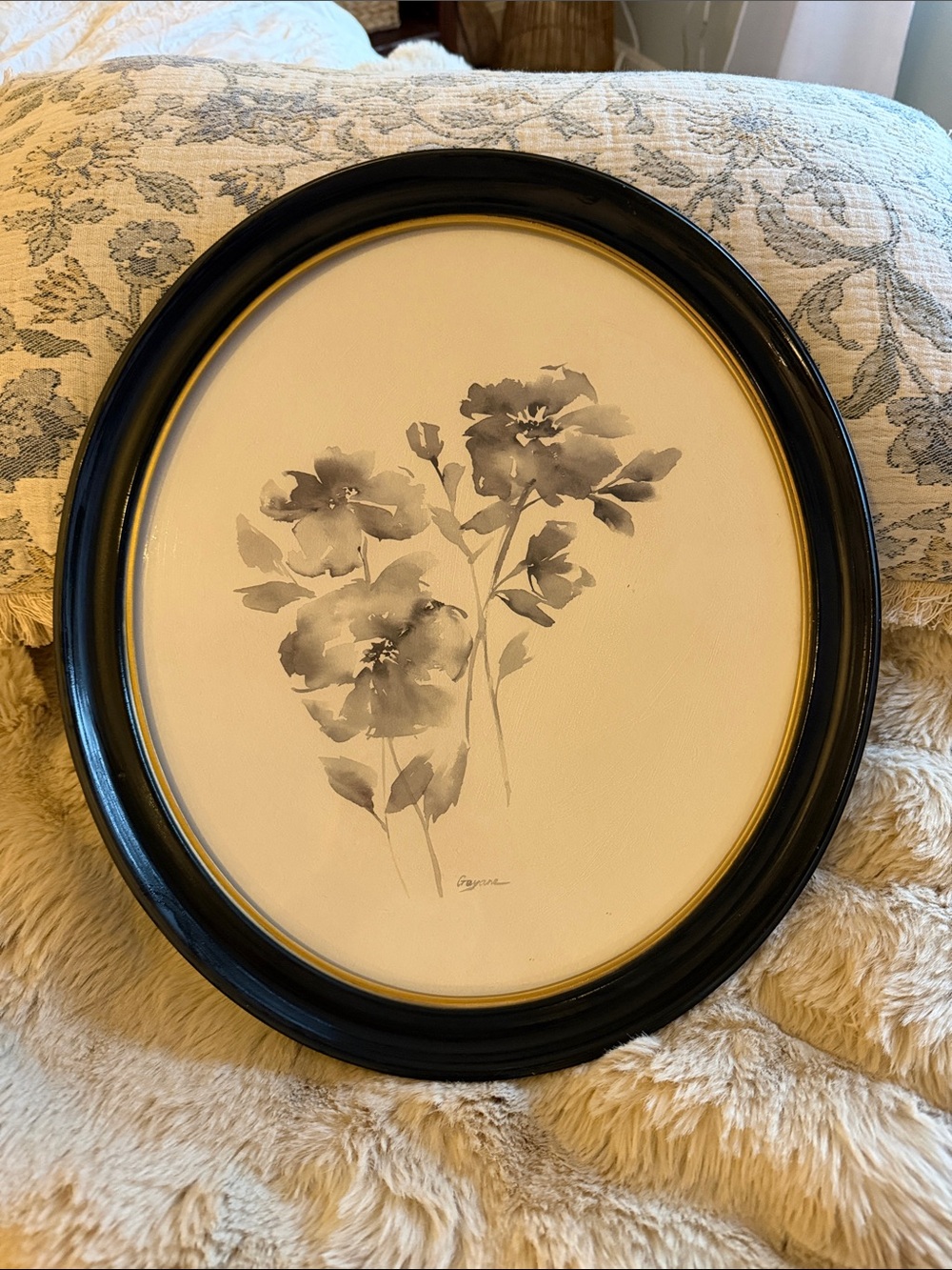 Oval Black Framed Floral Watercolor Art